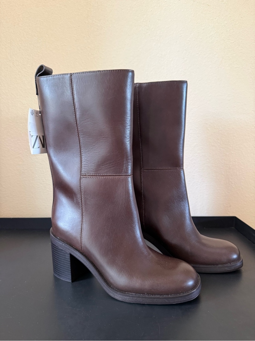Zara Brown Leather Mid-Calf Heeled Boots